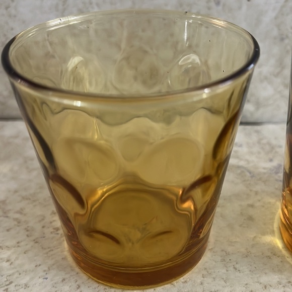 Hazel Atlas Optic Dot Amber Lowball Glasses Pair MCM - Picture 4 of 7
